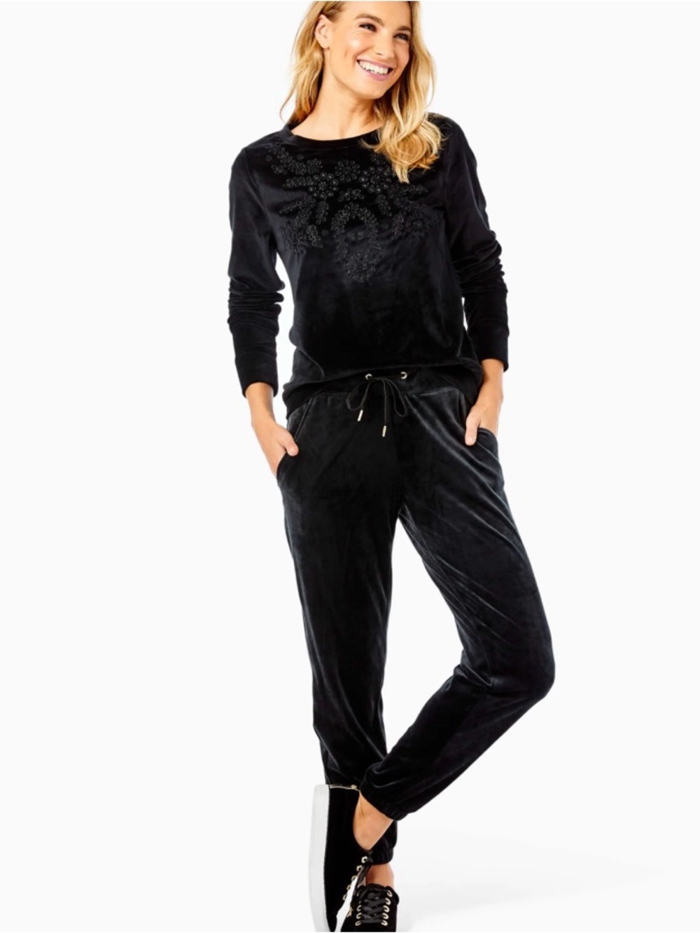 Lilly Pulitzer 28" Mallie Velour Pant - Onyx velvet Pockets M Pull On Relaxed - Picture 2 of 10